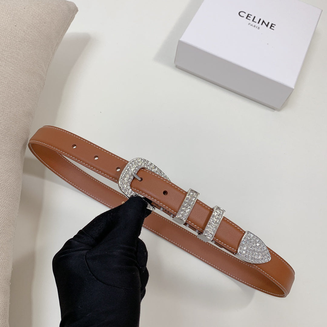 CELINE CL 25 MM MARCO BELT WITH STRASS IN BRONZE BROWN CALFSKIN SILVER HARDWARE