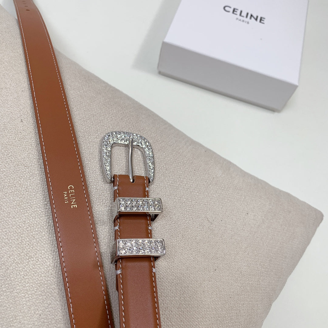 CELINE CL 25 MM MARCO BELT WITH STRASS IN BRONZE BROWN CALFSKIN SILVER HARDWARE