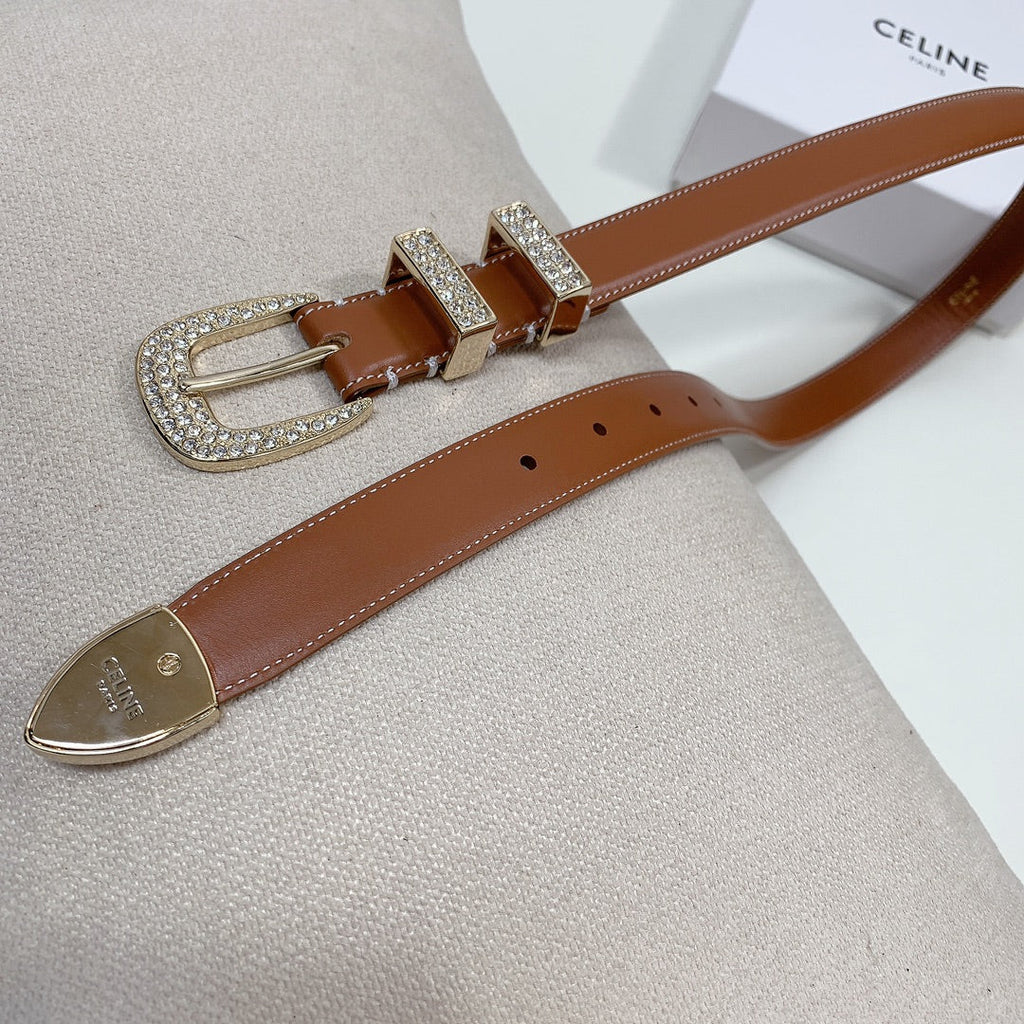 CELINE CL 25 MM MARCO BELT WITH STRASS IN BRONZE BROWN CALFSKIN GOLD HARDWARE