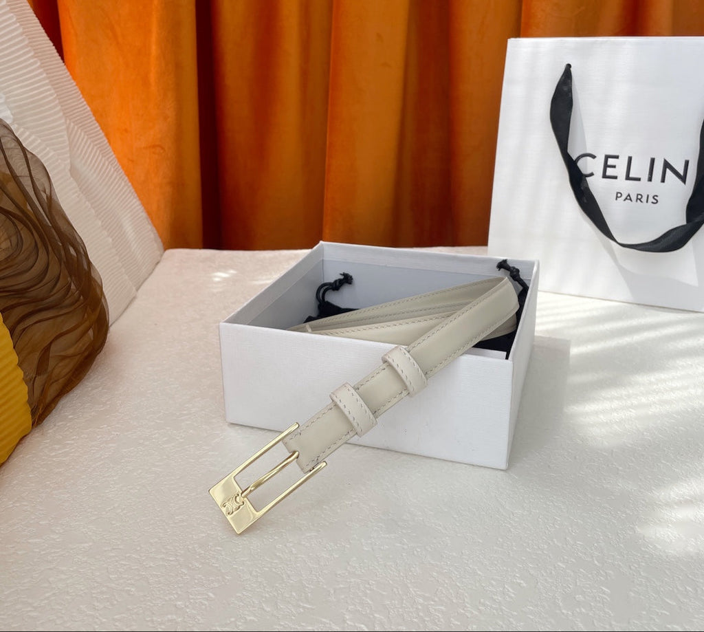 CELINE BELT 18MM IN WHITE CALFSKIN WITH RECTANGULAR BUCKLE EMBOSSED LOGO