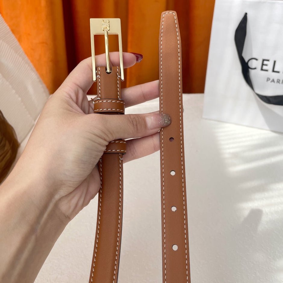 CELINE TRIOMPHE BELT 18MM IN BROWN CALFSKIN WITH RECTANGULAR BUCKLE EMBOSSED LOGO AND WHITE STITCHING