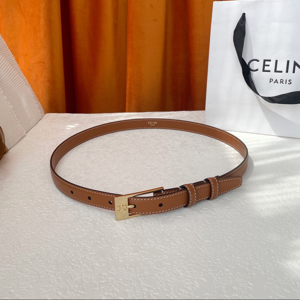 CELINE TRIOMPHE BELT 18MM IN BROWN CALFSKIN WITH RECTANGULAR BUCKLE EMBOSSED LOGO AND WHITE STITCHING