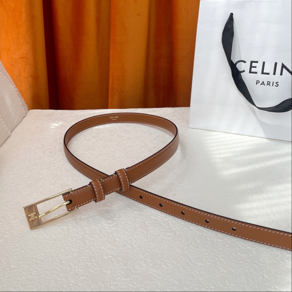 CELINE TRIOMPHE BELT 18MM IN BROWN CALFSKIN WITH RECTANGULAR BUCKLE EMBOSSED LOGO AND WHITE STITCHING