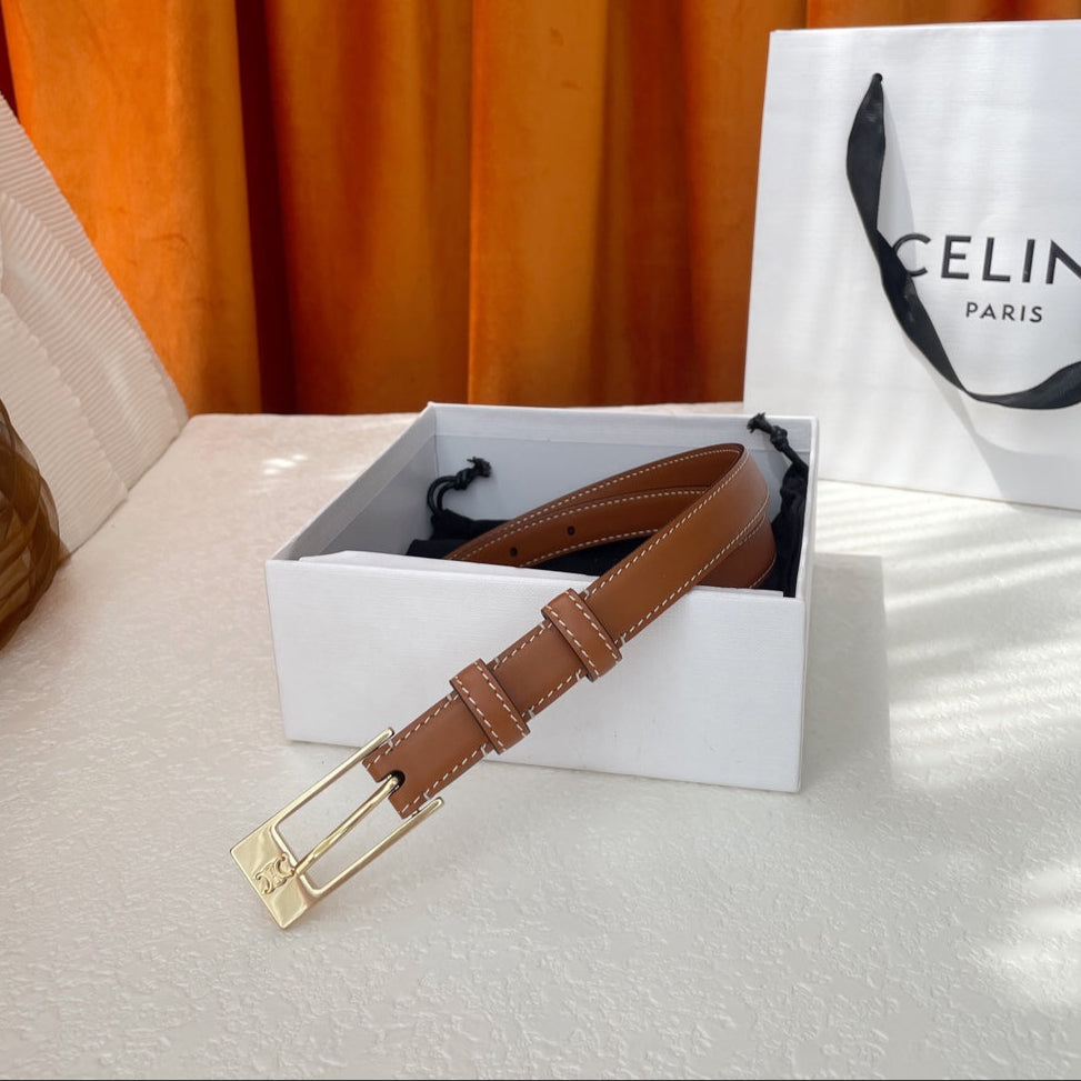 CELINE TRIOMPHE BELT 18MM IN BROWN CALFSKIN WITH RECTANGULAR BUCKLE EMBOSSED LOGO AND WHITE STITCHING
