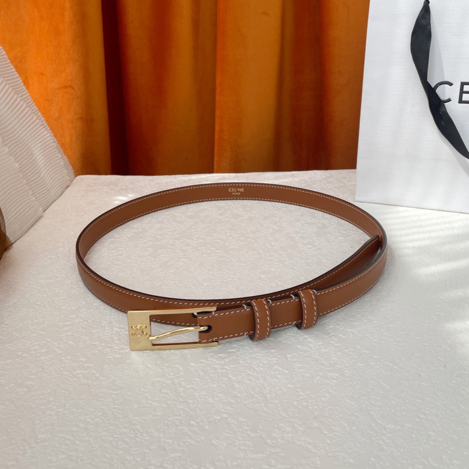 CELINE TRIOMPHE BELT 18MM IN BROWN CALFSKIN WITH RECTANGULAR BUCKLE EMBOSSED LOGO AND WHITE STITCHING