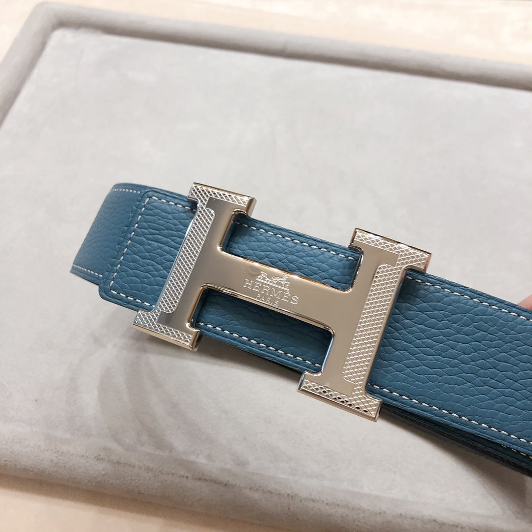 HERMES H D'ANCRE BELT BUCKLE & REVERSIBLE BLUE GREEN LEATHER STRAP 38 MM SILVER HARDWARE