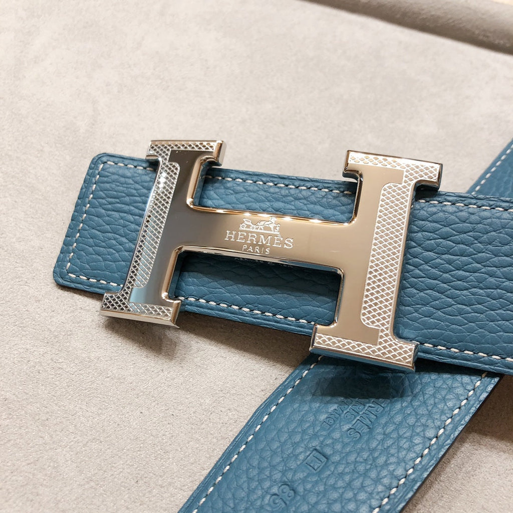 HERMES H D'ANCRE BELT BUCKLE & REVERSIBLE BLUE GREEN LEATHER STRAP 38 MM SILVER HARDWARE
