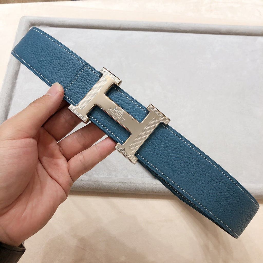HERMES H D'ANCRE BELT BUCKLE & REVERSIBLE BLUE GREEN LEATHER STRAP 38 MM SILVER HARDWARE