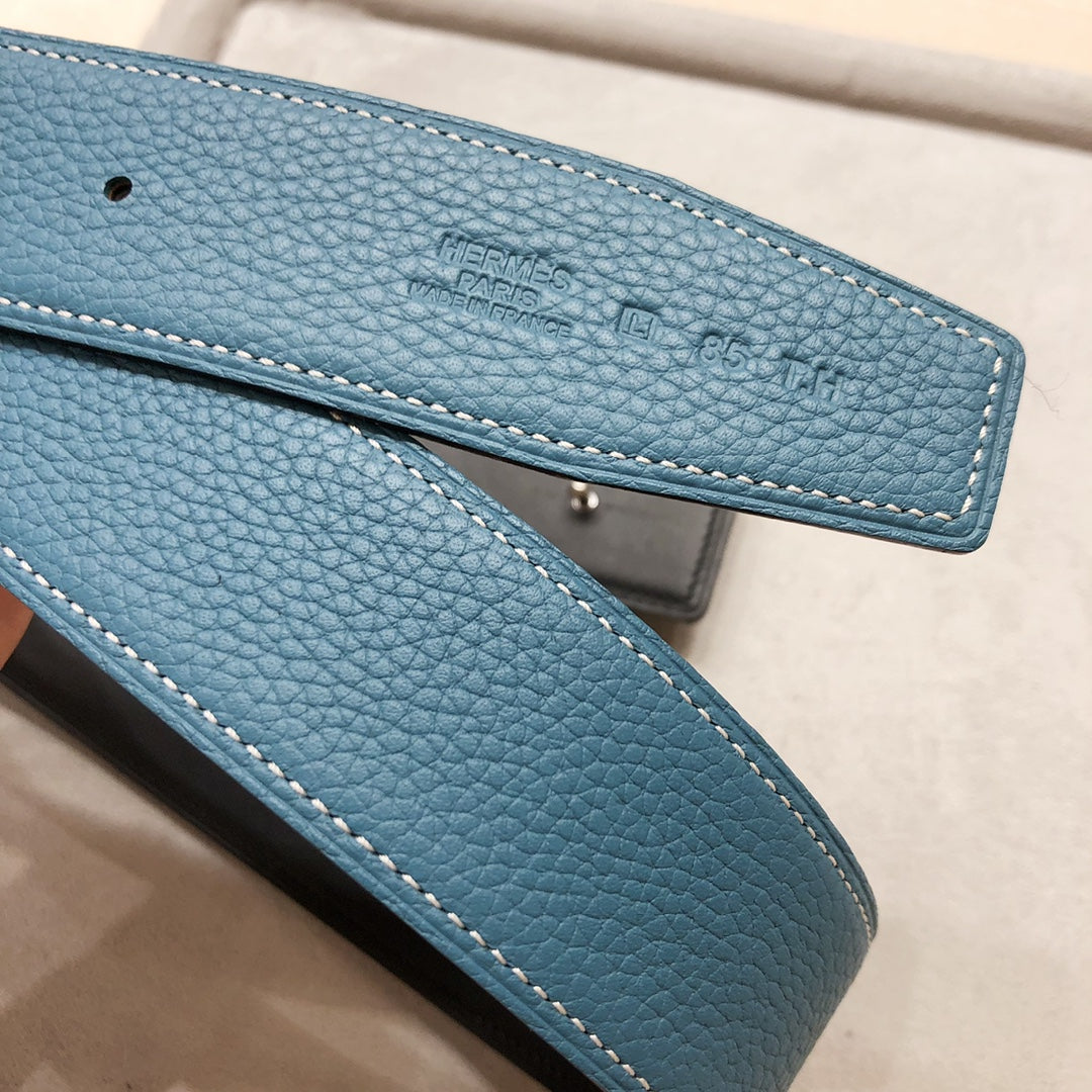 HERMES H D'ANCRE BELT BUCKLE & REVERSIBLE BLUE GREEN LEATHER STRAP 38 MM SILVER HARDWARE
