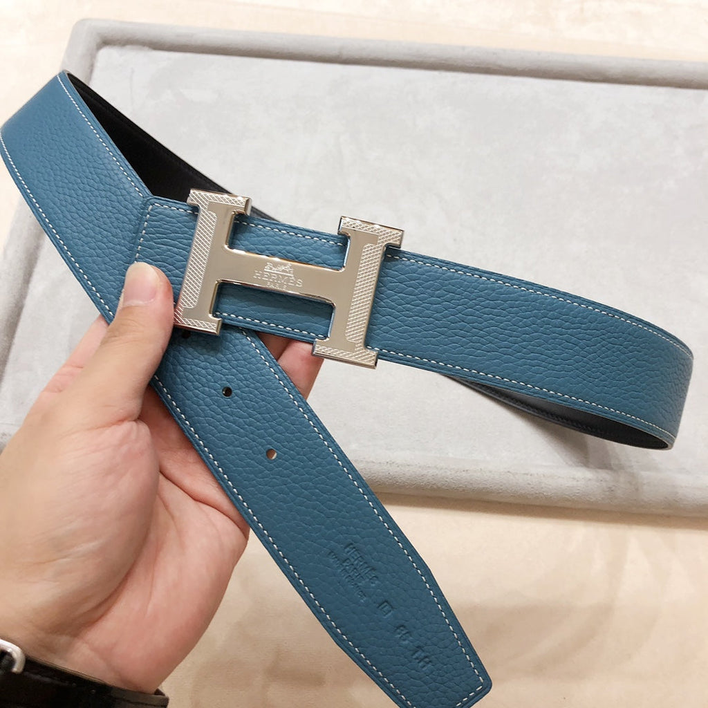 HERMES H D'ANCRE BELT BUCKLE & REVERSIBLE BLUE GREEN LEATHER STRAP 38 MM SILVER HARDWARE