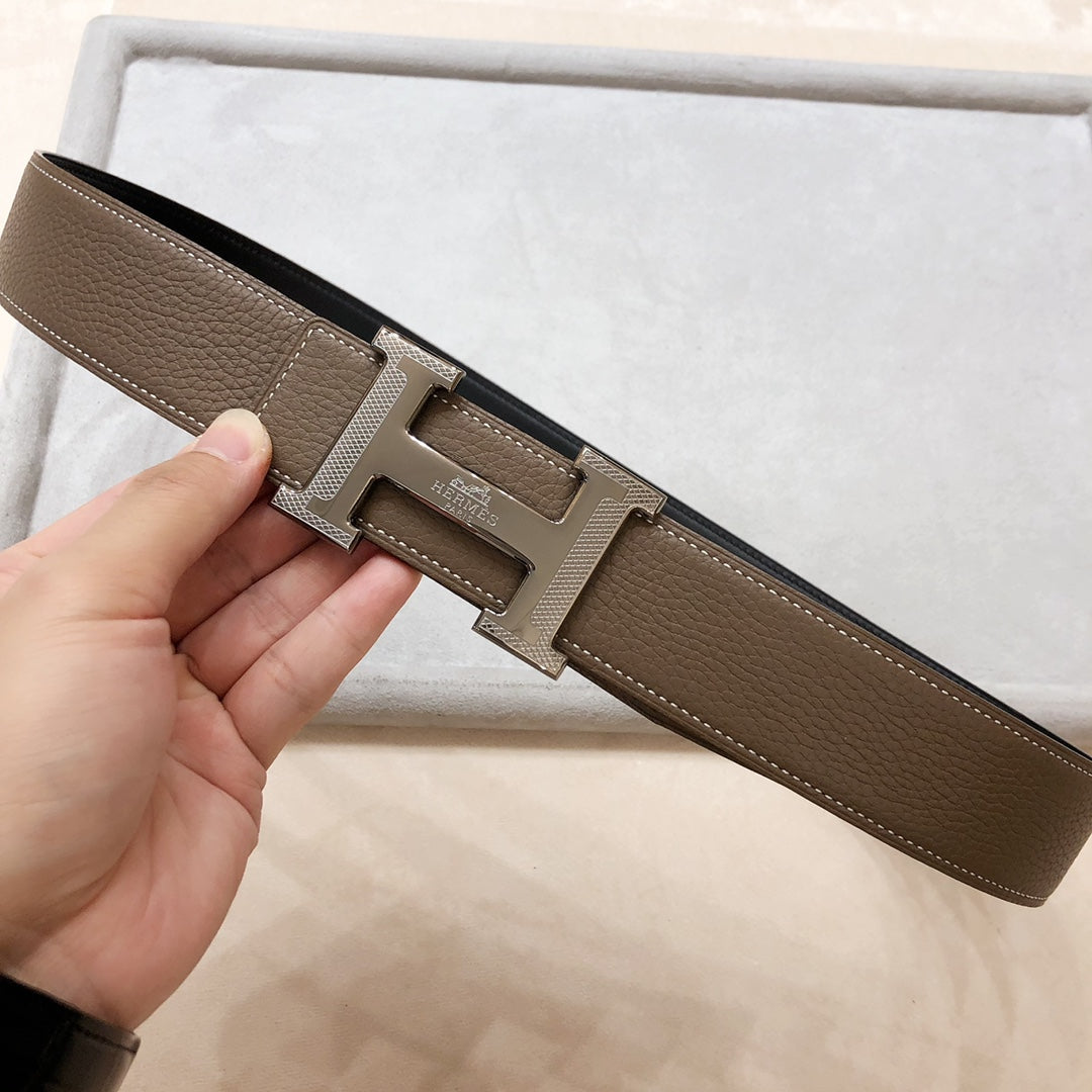 HERMES H D'ANCRE BELT BUCKLE & REVERSIBLE COFFEE BROWN LEATHER STRAP 38 MM SILVER HARDWARE