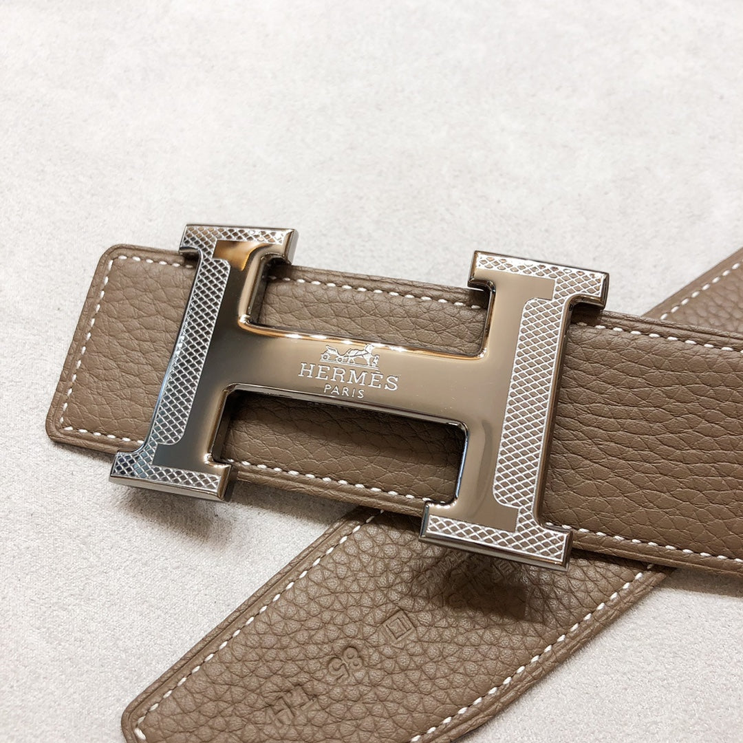 HERMES H D'ANCRE BELT BUCKLE & REVERSIBLE COFFEE BROWN LEATHER STRAP 38 MM SILVER HARDWARE