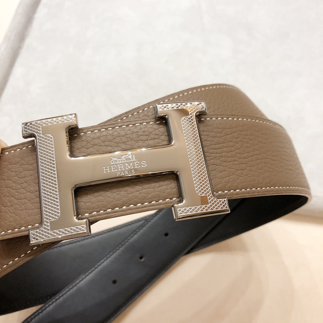 HERMES H D'ANCRE BELT BUCKLE & REVERSIBLE COFFEE BROWN LEATHER STRAP 38 MM SILVER HARDWARE