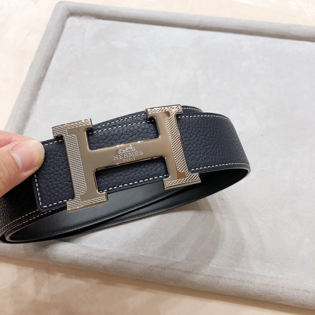 HERMES H D'ANCRE BELT BUCKLE & REVERSIBLE BLACK LEATHER STRAP 38 MM GREY SILVER HARDWARE