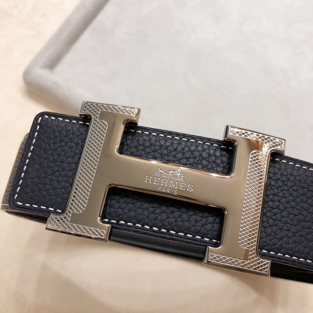 HERMES H D'ANCRE BELT BUCKLE & REVERSIBLE BLACK LEATHER STRAP 38 MM GREY SILVER HARDWARE