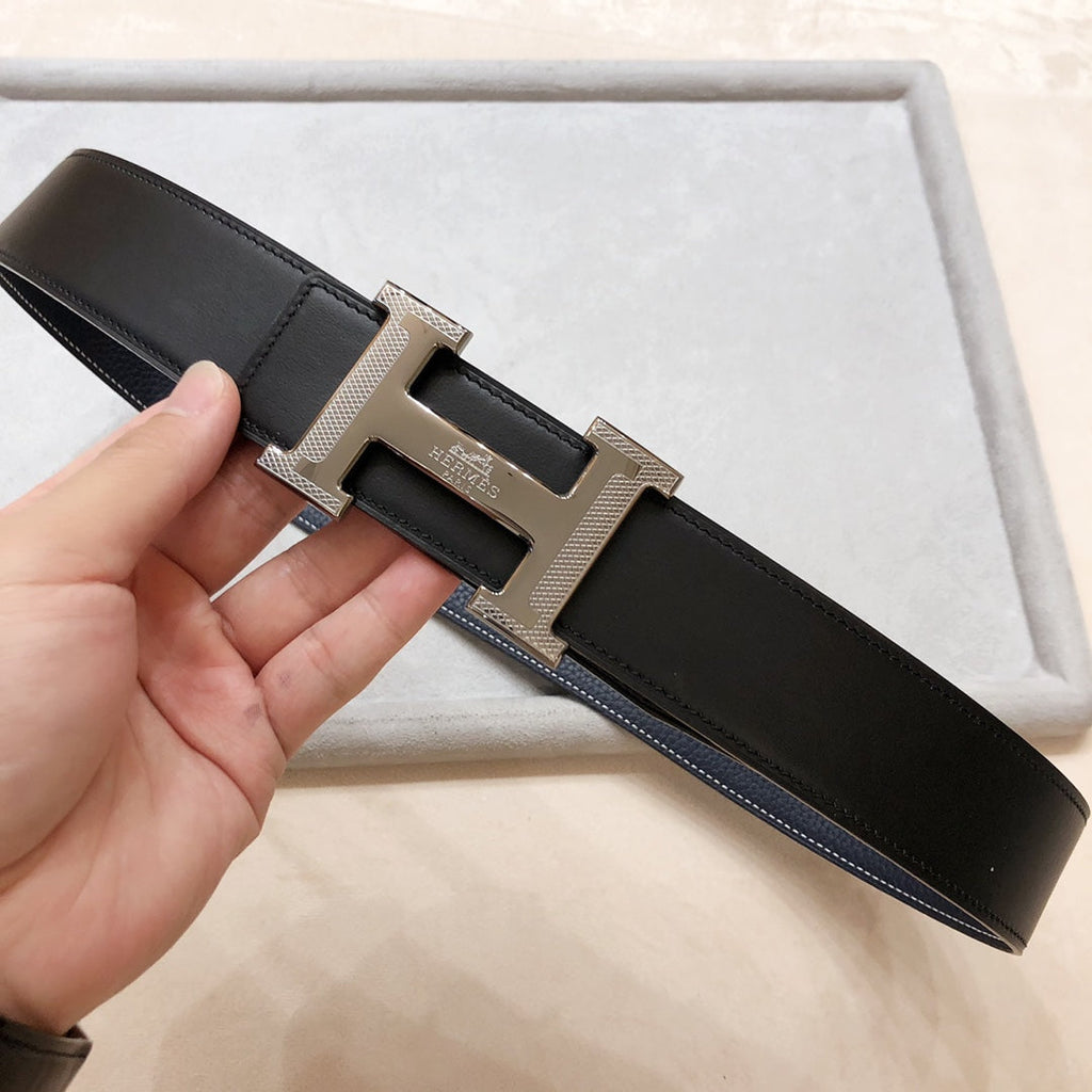 HERMES H D'ANCRE BELT BUCKLE & REVERSIBLE BLACK LEATHER STRAP 38 MM GREY SILVER HARDWARE