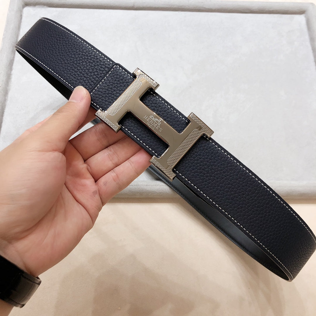 HERMES H D'ANCRE BELT BUCKLE & REVERSIBLE BLACK LEATHER STRAP 38 MM GREY SILVER HARDWARE