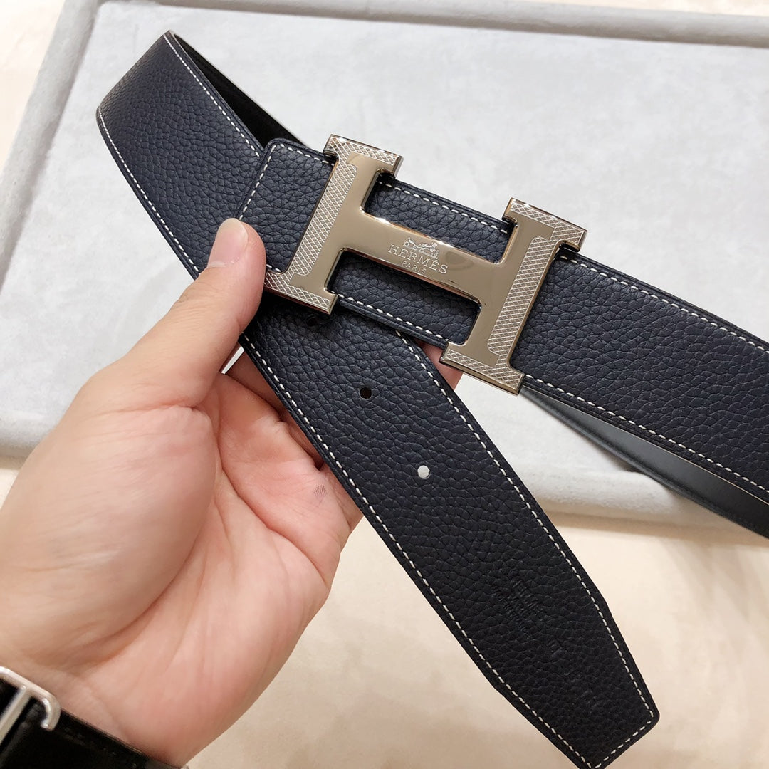 HERMES H D'ANCRE BELT BUCKLE & REVERSIBLE BLACK LEATHER STRAP 38 MM GREY SILVER HARDWARE