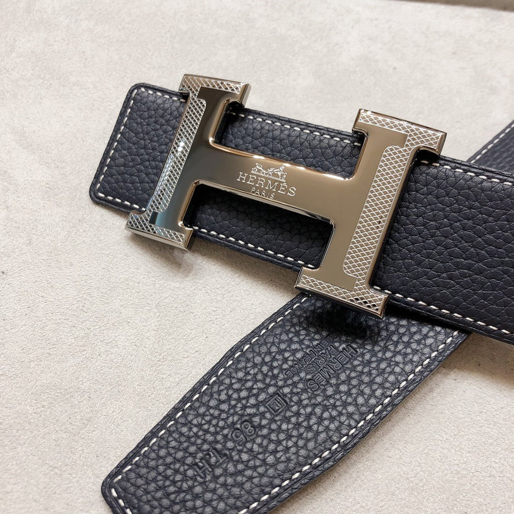 HERMES H D'ANCRE BELT BUCKLE & REVERSIBLE BLACK LEATHER STRAP 38 MM GREY SILVER HARDWARE