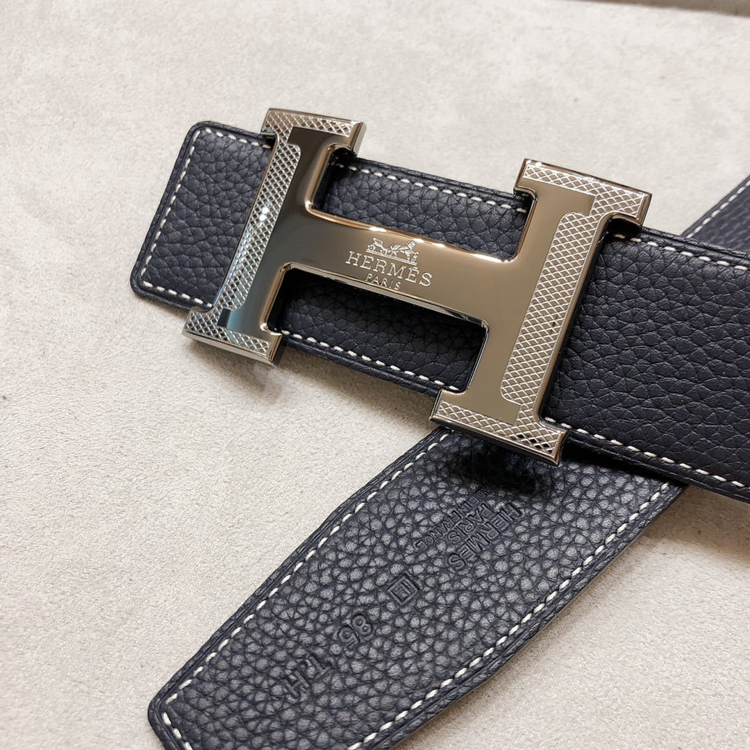 HERMES H D'ANCRE BELT BUCKLE & REVERSIBLE BLACK LEATHER STRAP 38 MM GREY SILVER HARDWARE