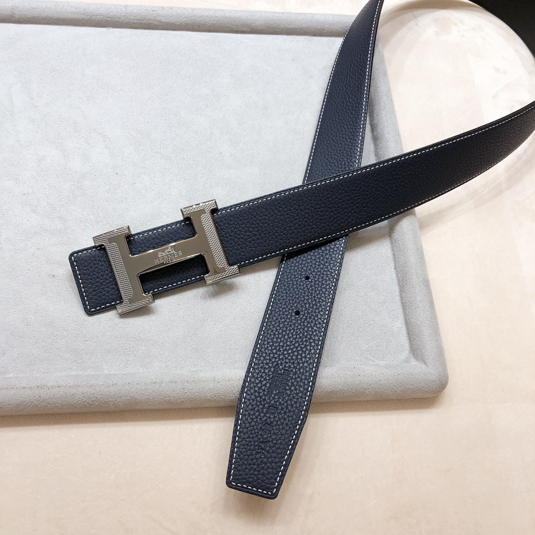 HERMES H D'ANCRE BELT BUCKLE & REVERSIBLE BLACK LEATHER STRAP 38 MM GREY SILVER HARDWARE