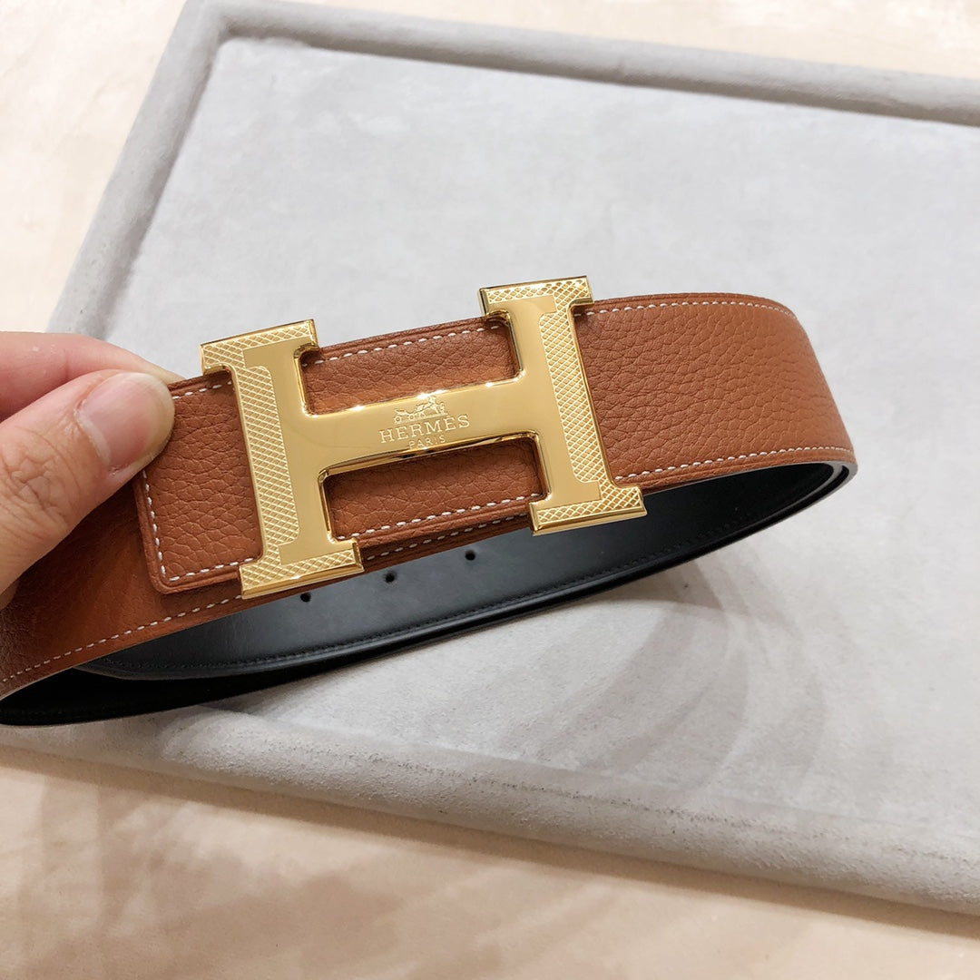 HERMES H D'ANCRE BELT BUCKLE & REVERSIBLE BLACK AND BRONZE BROWN LEATHER STRAP 38 MM GOLD HARDWARE