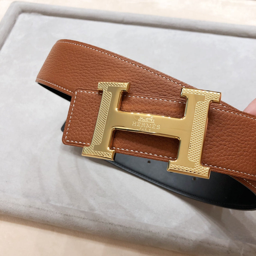 HERMES H D'ANCRE BELT BUCKLE & REVERSIBLE BLACK AND BRONZE BROWN LEATHER STRAP 38 MM GOLD HARDWARE