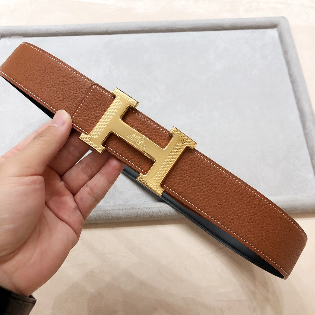 HERMES H D'ANCRE BELT BUCKLE & REVERSIBLE BLACK AND BRONZE BROWN LEATHER STRAP 38 MM GOLD HARDWARE