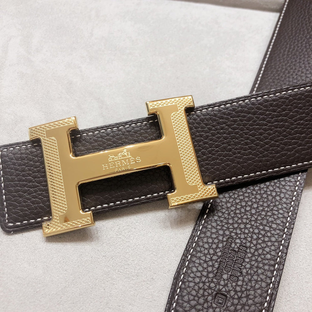 HERMES H D'ANCRE BELT BUCKLE & REVERSIBLE BLACK AND CHOCOLATE BROWN LEATHER STRAP 38 MM GOLD HARDWARE