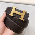 HERMES H D'ANCRE BELT BUCKLE & REVERSIBLE BLACK AND CHOCOLATE BROWN LEATHER STRAP 38 MM GOLD HARDWARE