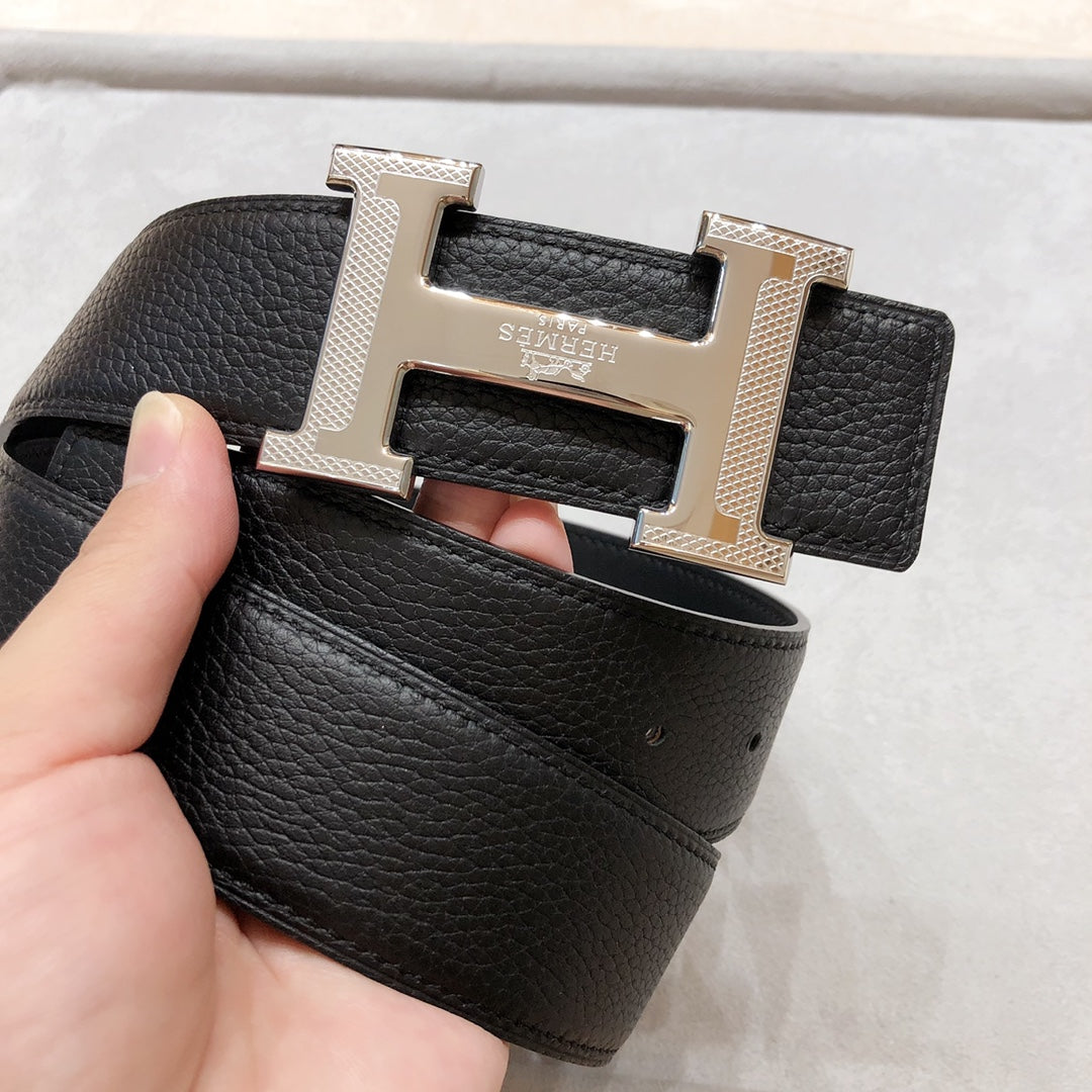 HERMES BELT BUCKLE & REVERSIBLE BLACK LEATHER STRAP 38 MM SILVER HARDWARE