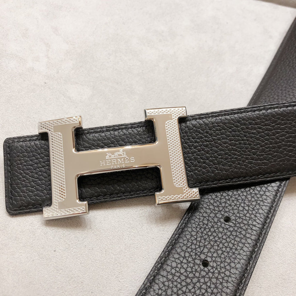 HERMES BELT BUCKLE & REVERSIBLE BLACK LEATHER STRAP 38 MM SILVER HARDWARE