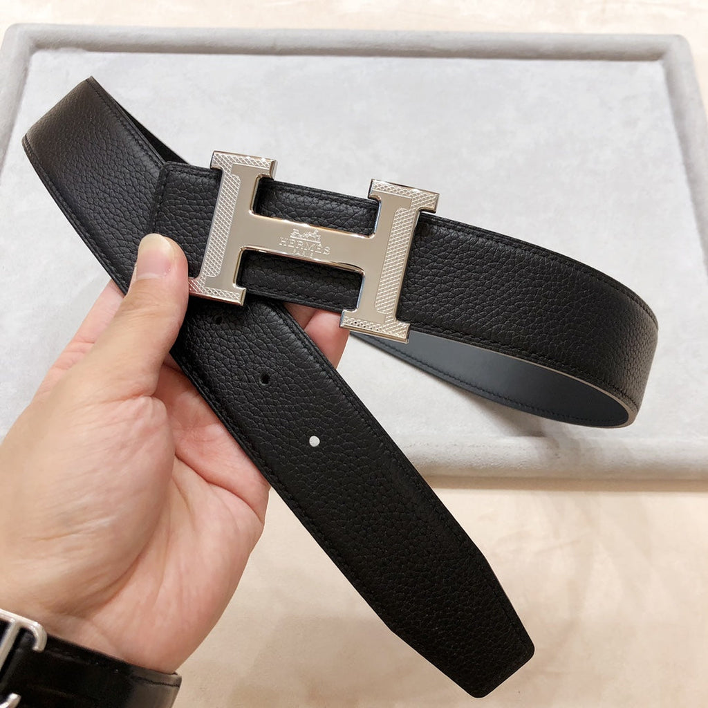 HERMES H D'ANCRE BELT BUCKLE & REVERSIBLE BLACK LEATHER STRAP 38 MM SILVER HARDWARE