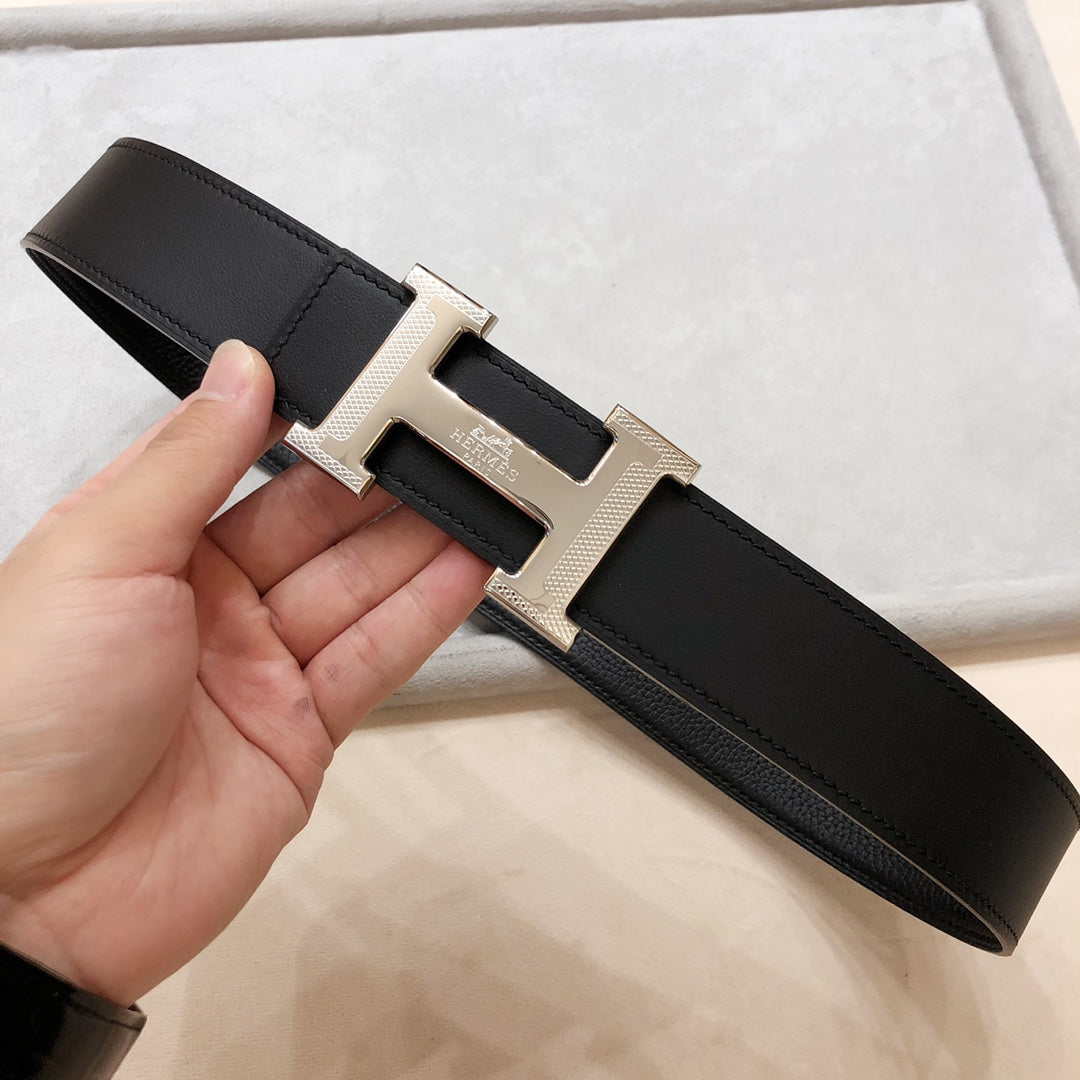 HERMES H D'ANCRE BELT BUCKLE & REVERSIBLE BLACK LEATHER STRAP 38 MM SILVER HARDWARE