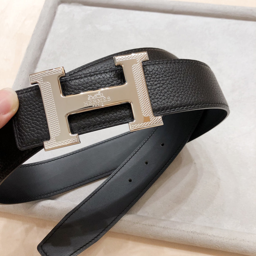 HERMES H D'ANCRE BELT BUCKLE & REVERSIBLE BLACK LEATHER STRAP 38 MM SILVER HARDWARE