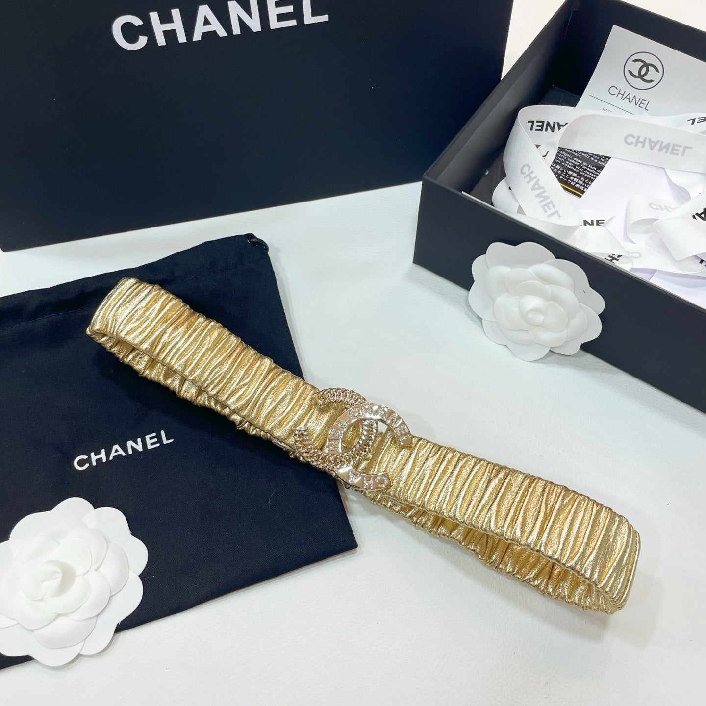 CHANEL DOUBLE C ELASTIC BELT 30MM IN YELLOW CALFSKIN GOLD CRYSTAL EMBELLISHED BUCKLE