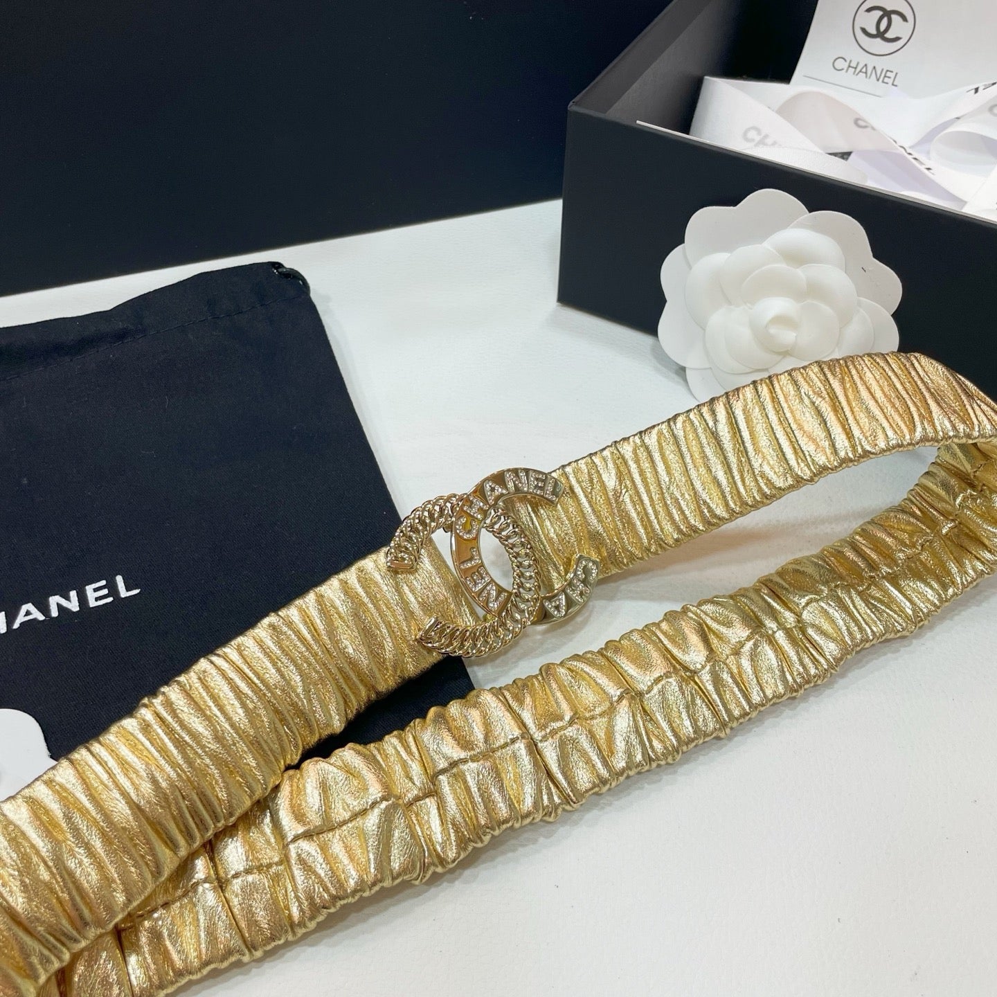 CHANEL DOUBLE C ELASTIC BELT 30MM IN YELLOW CALFSKIN GOLD CRYSTAL EMBELLISHED BUCKLE