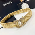 CHANEL DOUBLE C ELASTIC BELT 30MM IN YELLOW CALFSKIN GOLD CRYSTAL EMBELLISHED BUCKLE