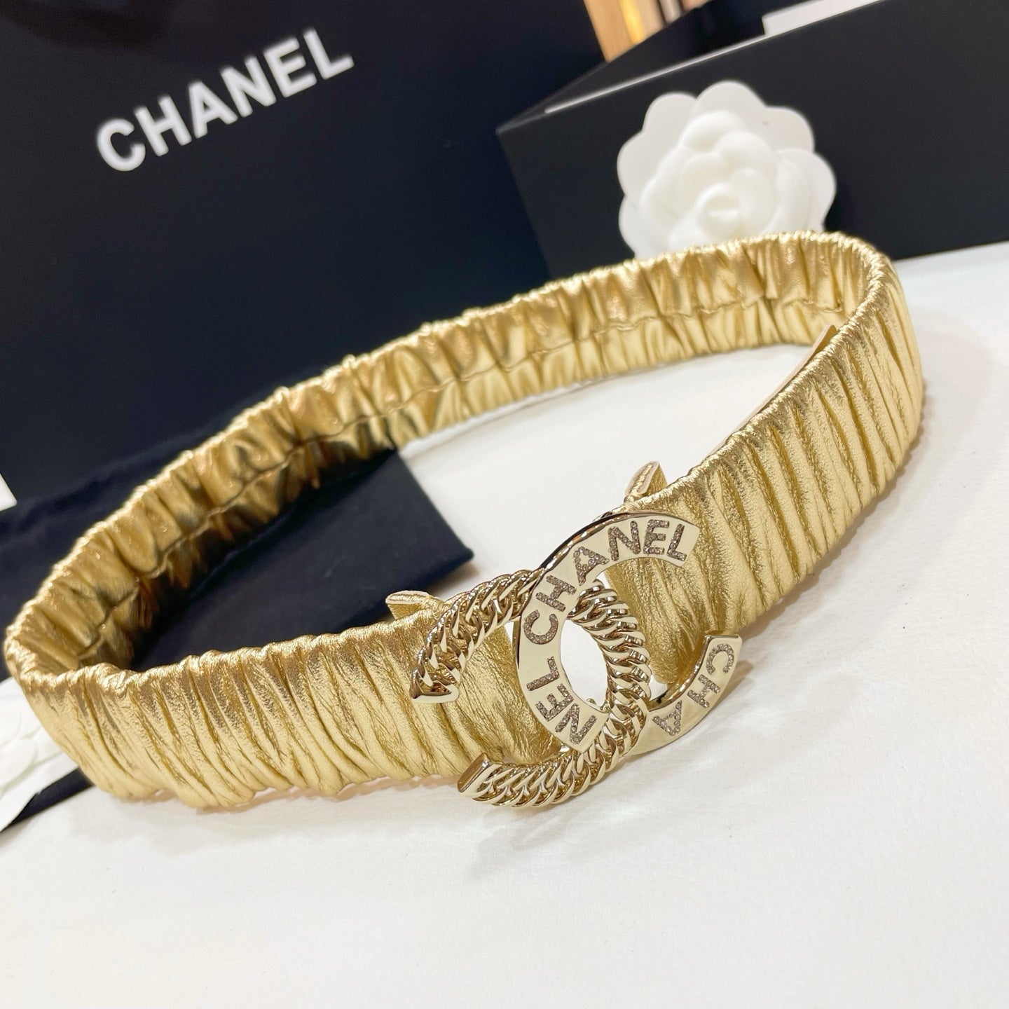 CHANEL DOUBLE C ELASTIC BELT 30MM IN YELLOW CALFSKIN GOLD CRYSTAL EMBELLISHED BUCKLE