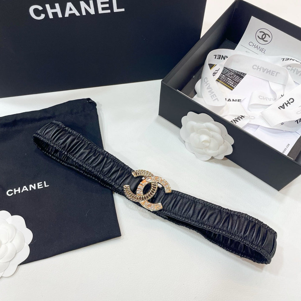 CHANEL DOUBLE C ELASTIC BELT 30MM IN BLACK CALFSKIN GOLD CRYSTAL EMBELLISHED BUCKLE