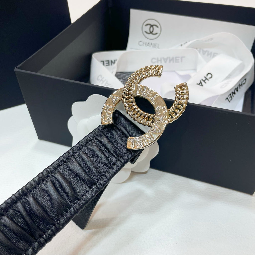 CHANEL DOUBLE C ELASTIC BELT 30MM IN BLACK CALFSKIN GOLD CRYSTAL EMBELLISHED BUCKLE