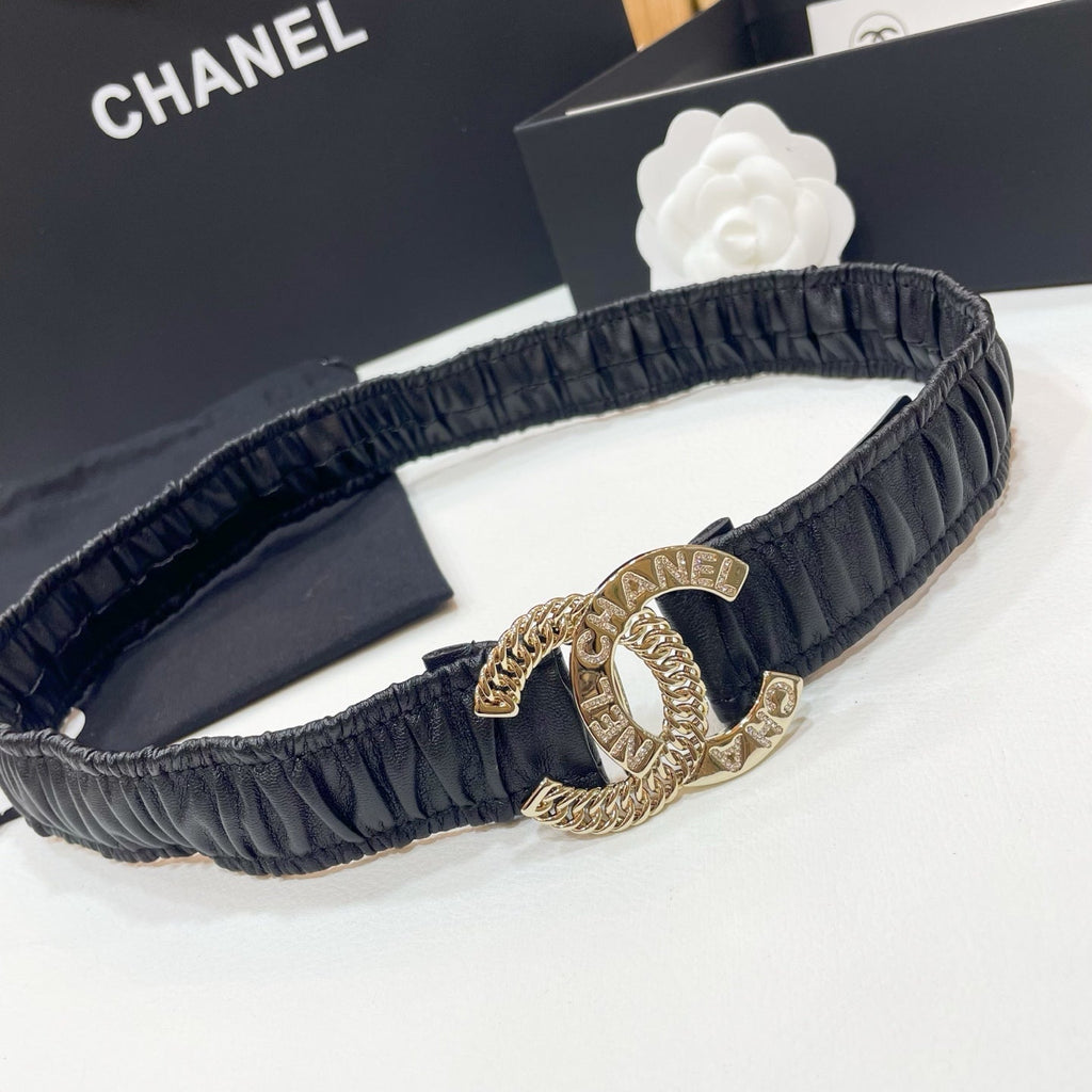 CHANEL DOUBLE C ELASTIC BELT 30MM IN BLACK CALFSKIN GOLD CRYSTAL EMBELLISHED BUCKLE