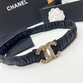 CHANEL DOUBLE C ELASTIC BELT 30MM IN BLACK CALFSKIN GOLD CRYSTAL EMBELLISHED BUCKLE