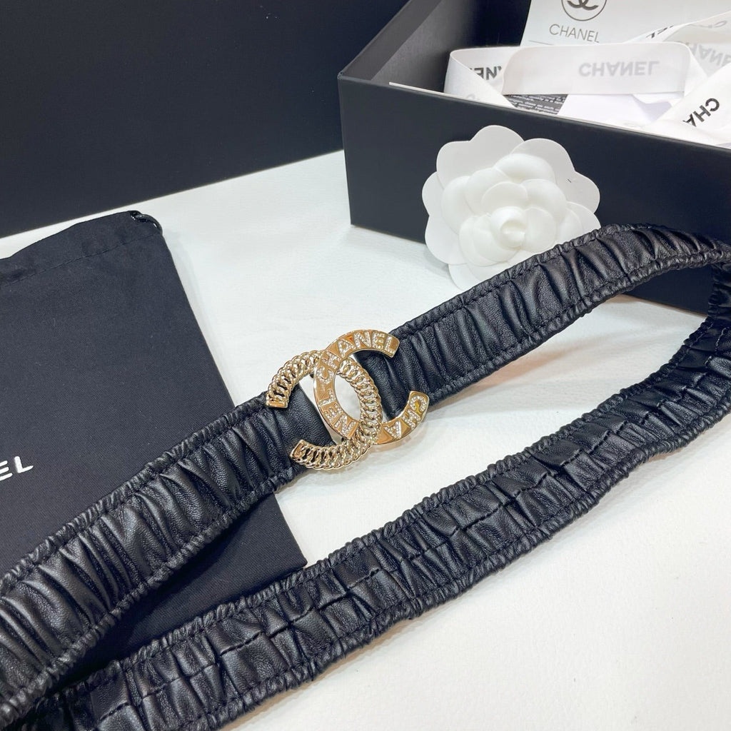 CHANEL DOUBLE C ELASTIC BELT 30MM IN BLACK CALFSKIN GOLD CRYSTAL EMBELLISHED BUCKLE