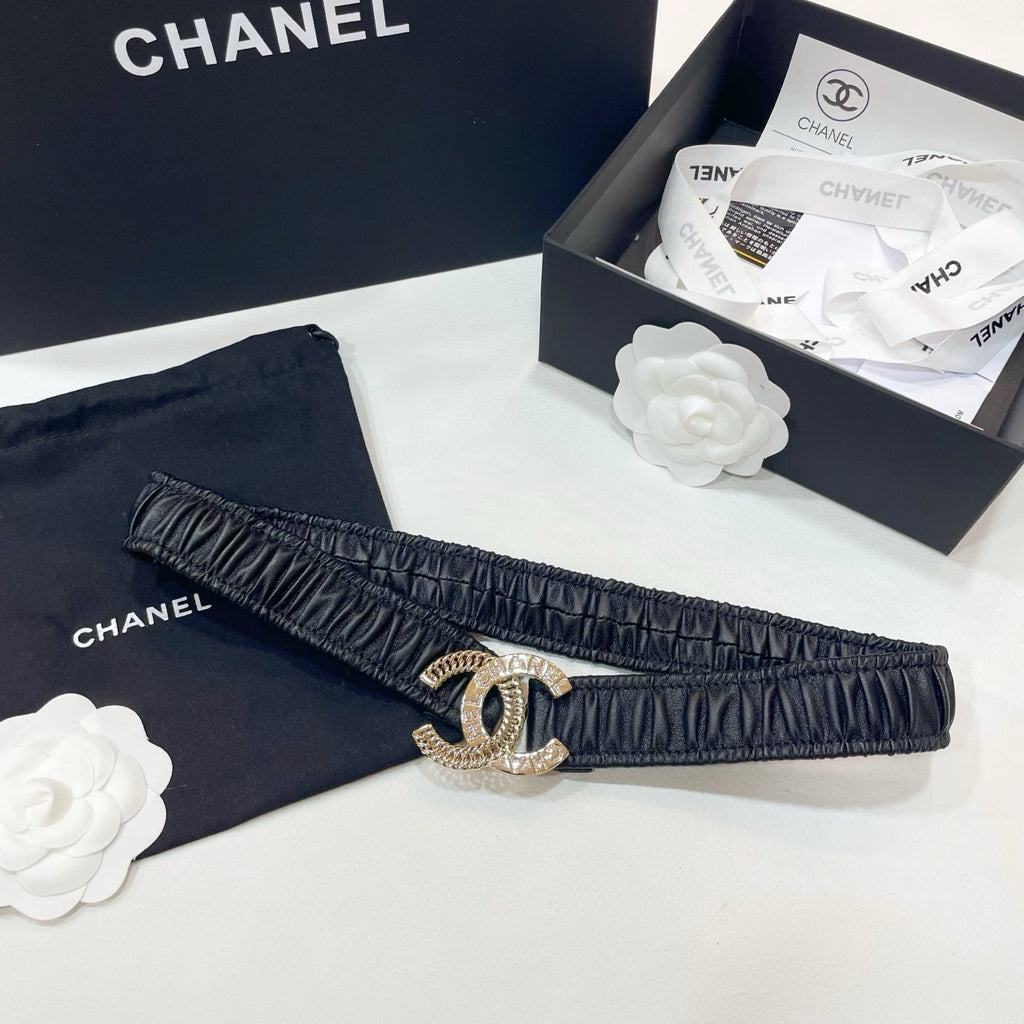 CHANEL DOUBLE C ELASTIC BELT 30MM IN BLACK CALFSKIN GOLD CRYSTAL EMBELLISHED BUCKLE