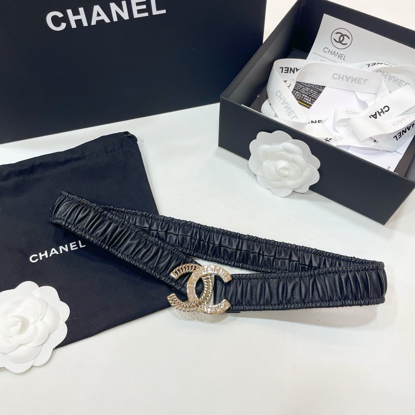 CHANEL DOUBLE C ELASTIC BELT 30MM IN BLACK CALFSKIN GOLD CRYSTAL EMBELLISHED BUCKLE
