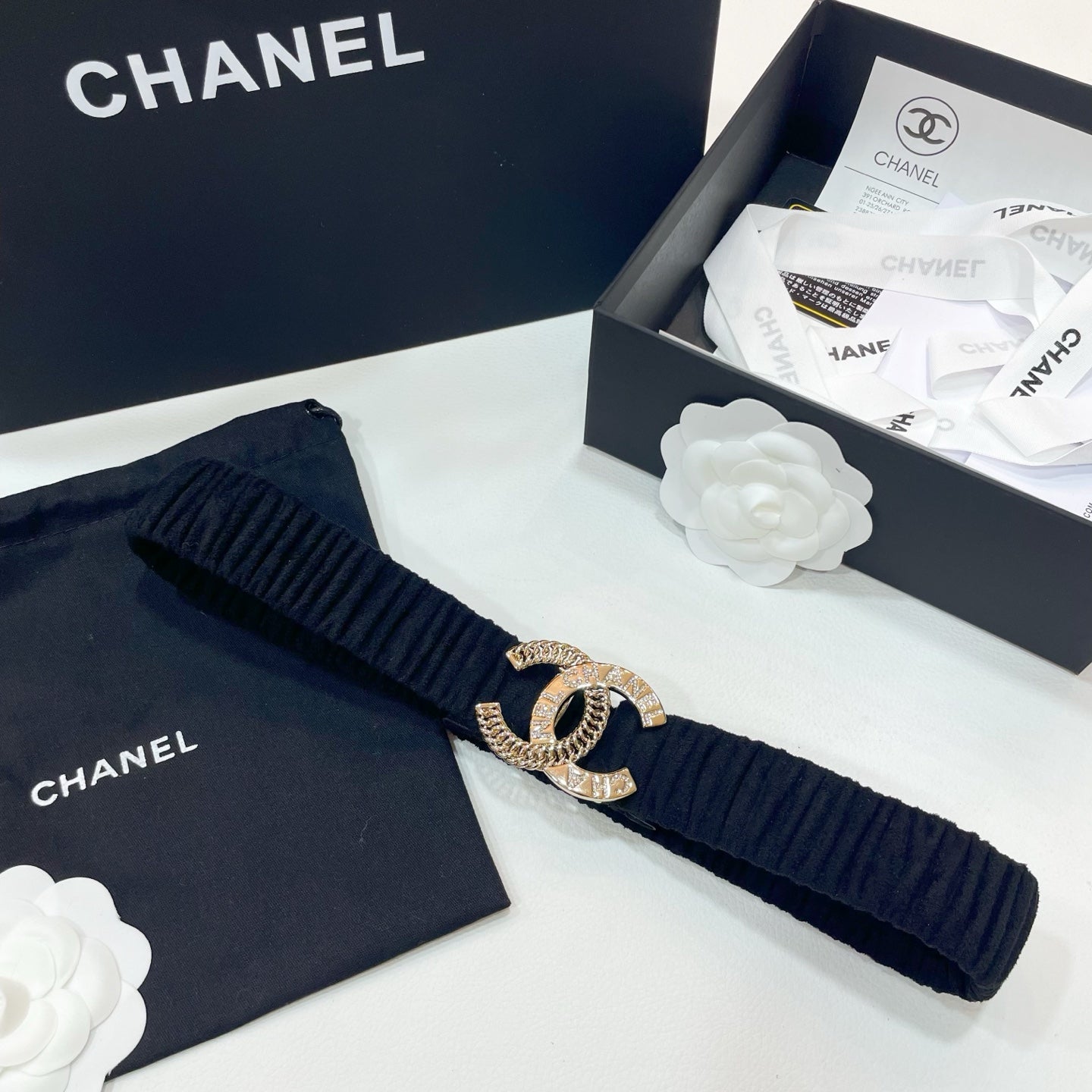 CHANEL DOUBLE  30MM STRETCH BELT IN BLACK SUEDUE WITH GOLD CHAIN BUCKLE CRYSTAL DETAIL