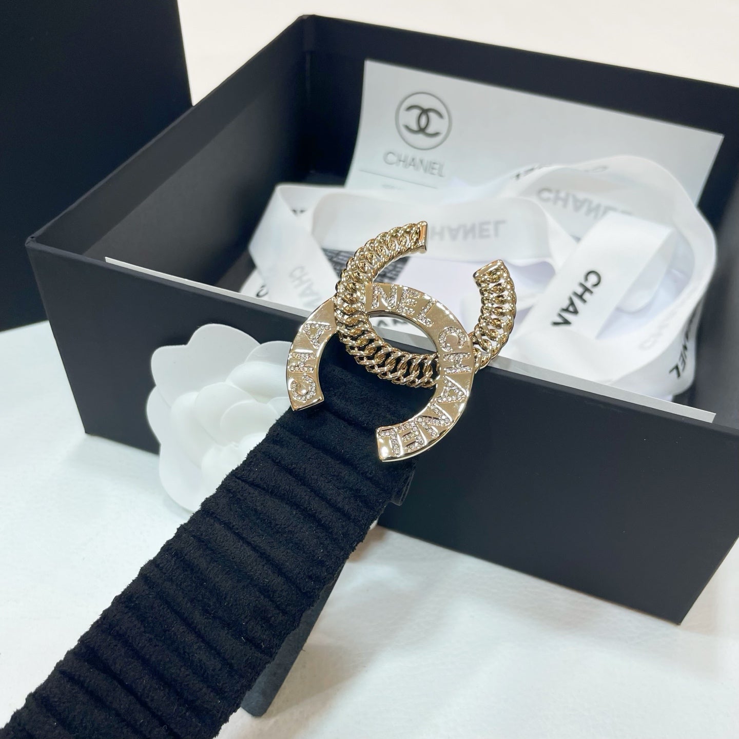 CHANEL DOUBLE  30MM STRETCH BELT IN BLACK SUEDUE WITH GOLD CHAIN BUCKLE CRYSTAL DETAIL