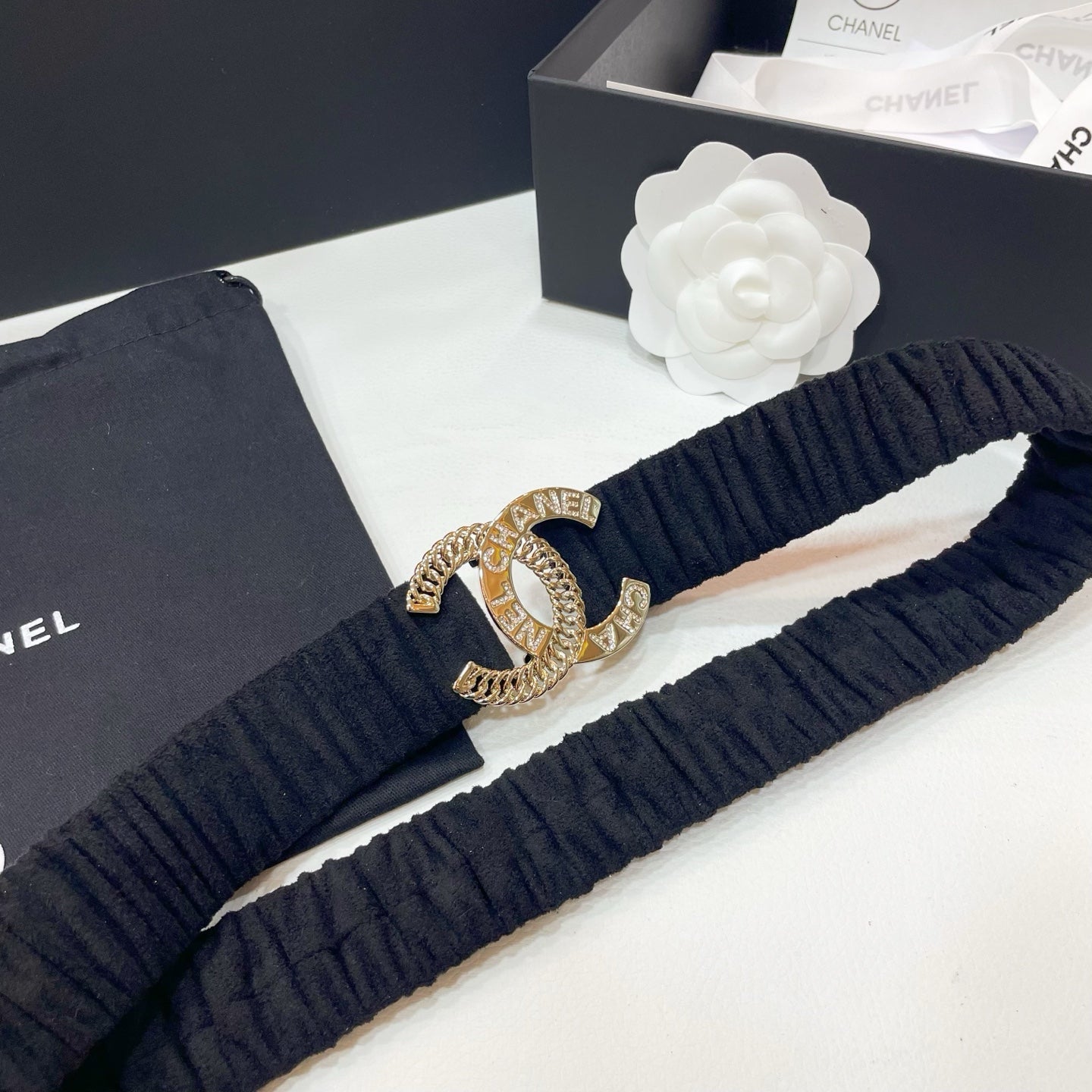 CHANEL DOUBLE  30MM STRETCH BELT IN BLACK SUEDUE WITH GOLD CHAIN BUCKLE CRYSTAL DETAIL