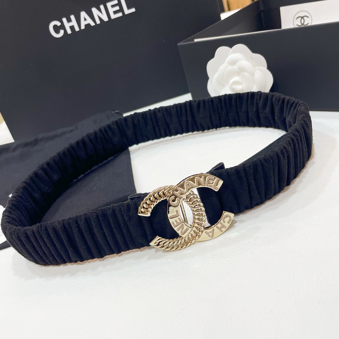 CHANEL DOUBLE  30MM STRETCH BELT IN BLACK SUEDUE WITH GOLD CHAIN BUCKLE CRYSTAL DETAIL
